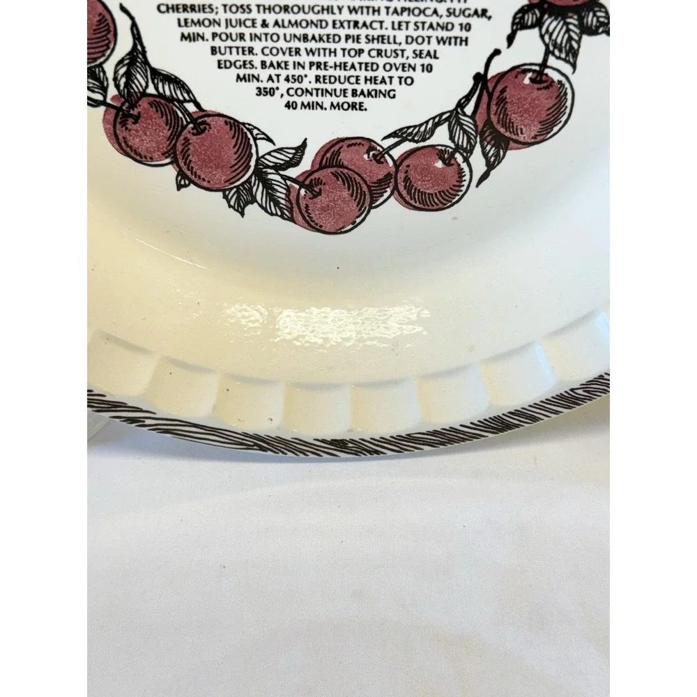 VTG Cherry Pie Recipe Ceramic Pie Dish White Red Black Made In USA